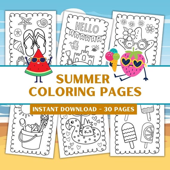 Summer Coloring Pages for Kids Activity with Beach Coloring for Summer Party - 30 Sheets