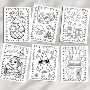 Summer coloring book to print at home for a kids activity. Pictures feature pineapples, ocean animals, watermelon, surfing, and lemonade.
