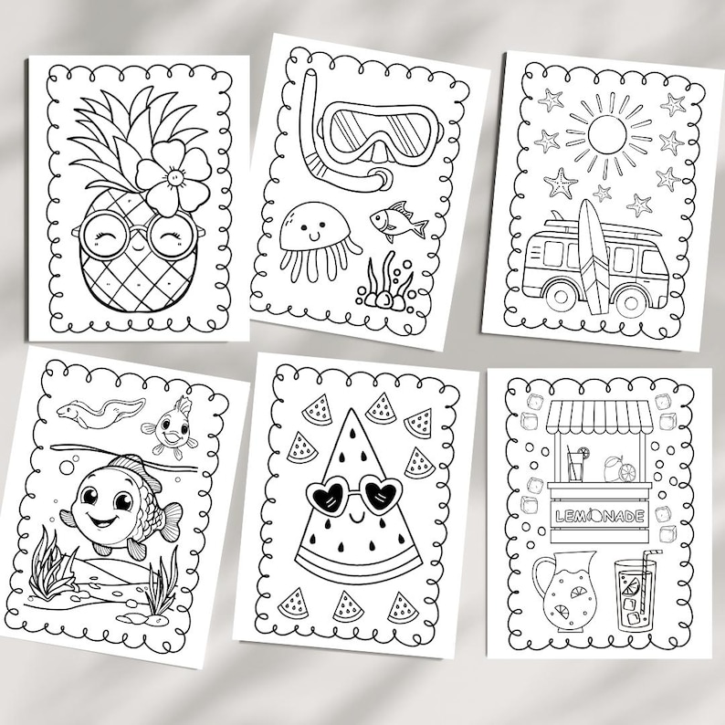 Summer coloring book to print at home for a kids activity. Pictures feature pineapples, ocean animals, watermelon, surfing, and lemonade.
