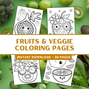 Summer Coloring Pages with Fruits  - Cute Kids Coloring Pages - Kawaii Food Coloring - 30 Sheets