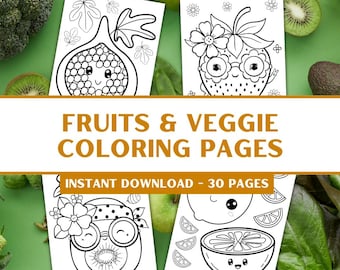 Summer Coloring Pages with Fruits  - Cute Kids Coloring Pages - Kawaii Food Coloring - 30 Sheets