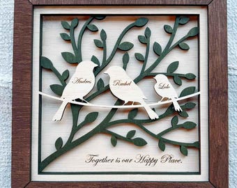 Cartello in legno personalizzato per anniversario con uccelli – Decorazione murale personalizzata con nome di coppia, regalo di San Valentino per moglie e marito