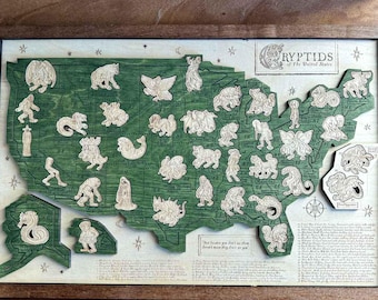 Mappa dei criptidi, regalo a tema criptide, Bigfoot, Mothman, Chupacabra, Jackalope, ventaglio Wendigo, mappa di criptozoologia, mappa occulta degli Stati Uniti, regalo strano