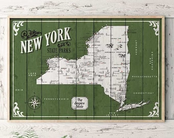 Mappa dei parchi dello stato di New York, mappa con citazione, regalo per escursionista, regalo di anniversario di carta, mappa dell'Empire State, mappa dello stato rustico, mappa di casa