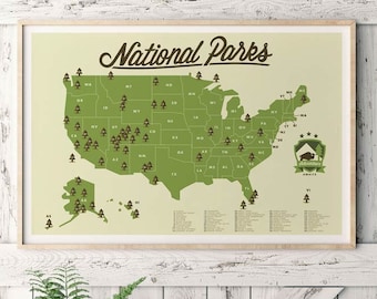 National Park  Map, Outdoor explorer gift, Hiking Art Print, Explorer map print, green home decor, 63 national parks