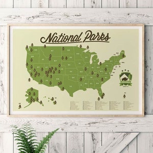 National Park Map, Outdoor explorer gift, Hiking Art Print, Explorer map print, green home decor, 63 national parks image 1