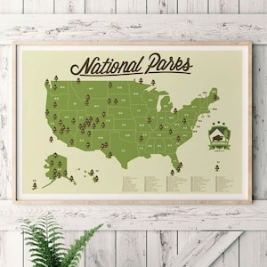 Mapa de parques nacionales, regalo para exploradores al aire libre, impresión artística de senderismo, impresión de mapa de explorador, decoración ecológica para el hogar, 63 parques nacionales