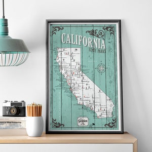 California State Parks Map, Map with Quote, Gift for hiker, Paper Anniversary Gift, the golden state map, rustic state map, home map image 1