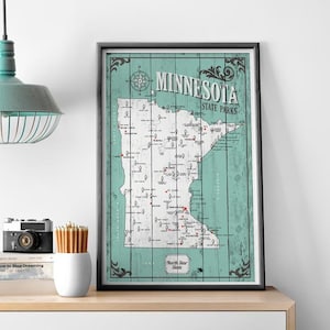 Mapa de parques estatales de Minnesota, mapa con cita, regalo para excursionista, regalo de aniversario de papel, mapa estatal de North Star, mapa estatal rústico, mapa de inicio
