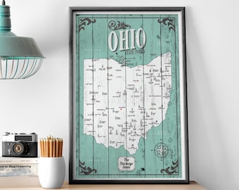 Mappa dei parchi statali dell'Ohio, Mappa con citazione, Regalo per escursionisti, Regalo per l'anniversario di carta, mappa dello stato di Buckeye, mappa dello stato rustico, mappa della casa