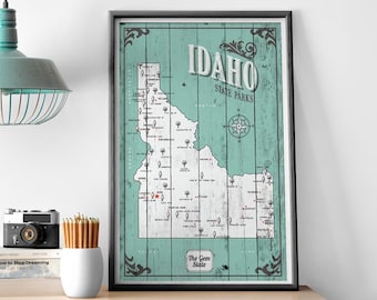 Mappa dei parchi statali dell'Idaho, Mappa con preventivo, Regalo per escursionisti, Regalo per l'anniversario di carta, mappa dello stato della gemma, mappa dello stato rustico, mappa della casa
