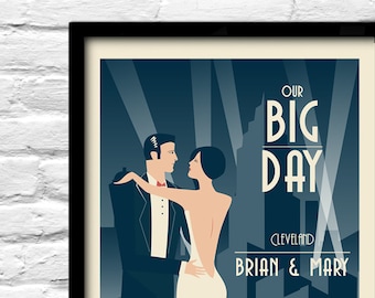 Custom Art Deco Wedding Print, Personalized Couple Portrait
