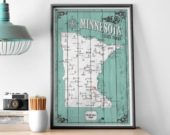 Minnesota State Parks Map, Map with Quote, Gift for hiker, Paper Anniversary Gift, North Star state map, rustic state map, home map