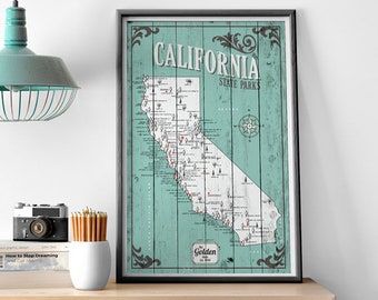 California State Parks Map, Map with Quote, Gift for hiker, Paper Anniversary Gift, the golden state map, rustic state map, home map