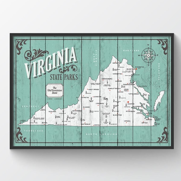 Virginia State Parks Map, Map with Quote, Gift for hiker, Paper Anniversary Gift, the old dominion state map, rustic state map, home map