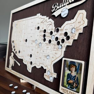 May include: A wooden baseball-themed wall hanging with a map of the USA and baseball icons. The artwork includes the word "Ballparks" and a photo of a child in a baseball uniform. The photo has the text "DAVID HARRIS TIGER TEAM 2019-2022".