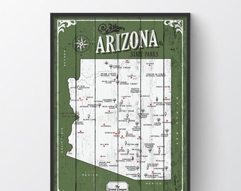 Mappa dei parchi statali dell'Arizona, Mappa con preventivo, Regalo per escursionisti, Regalo di anniversario di carta, mappa dello stato del Grand Canyon, mappa dello stato rustico, mappa della casa