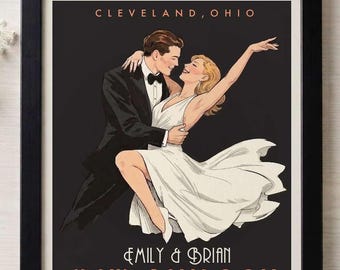 Poster di nozze personalizzato, illustrazione di coppia in stile vintage su misura, stampa di nozze in stile Gatsby, regalo di nozze unico per gli sposi e decorazione della location.