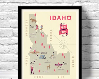 Idaho Map, The gem state map, original illustrated map, nursery map, Home State Map, Idaho state poster, modern family map,state family map