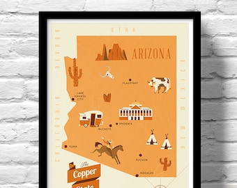 Arizona Map, The Copper state map, original illustrated map, nursery map, Home State Map, Arizona state poster, modern map, family map