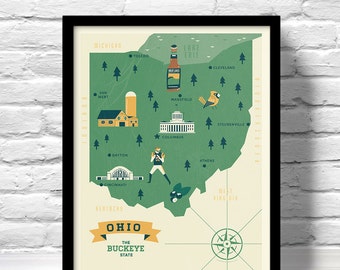 Ohio Map, The buckeye state map, original illustrated map, nursery map, Home State Map, Ohio state poster, modern state map,state family map