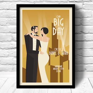 Einzigartiges Hochzeitsgeschenk Paar Portrait Goldhochzeit Poster, goldenes Art Deco Geschenk, Gold Art Deco Hochzeit