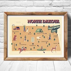 North Dakota Karte, Frieden Garten Stand Karte, Landkarte, Kinderzimmer-Karte, Hause stand Karte, North Dakota Zustand-Poster, moderne Familie Karte