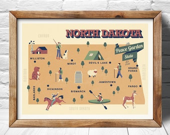 North Dakota Map, The peace garden state map, original map, nursery map, Home State Map, North Dakota state poster, modern family map
