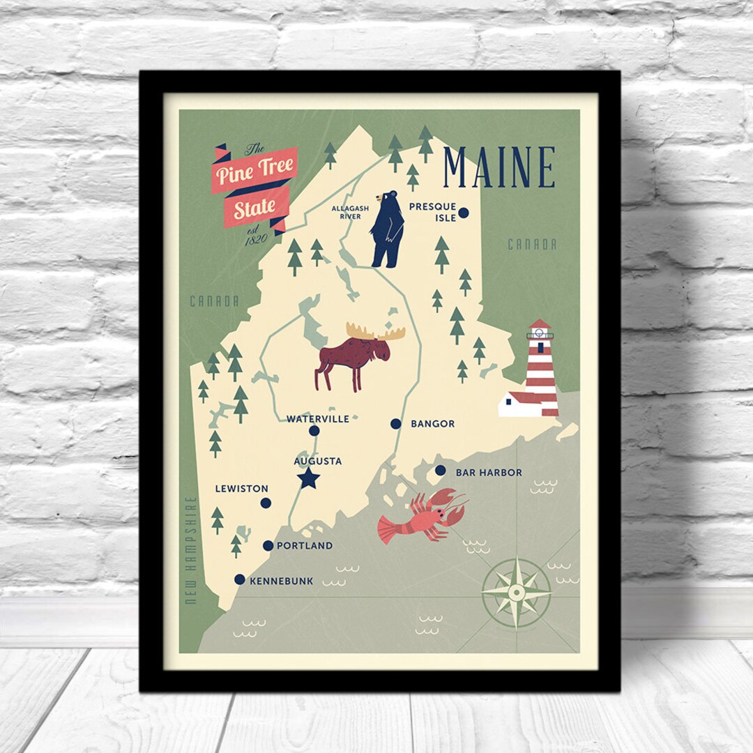 Maine Map, the Pine Tree State Map, Original Maine Map, Nursery Map 