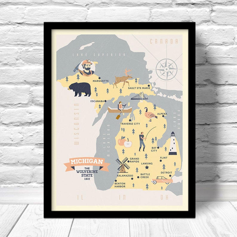 Michigan Map the Wolverine State Map Original Map Nursery - Etsy