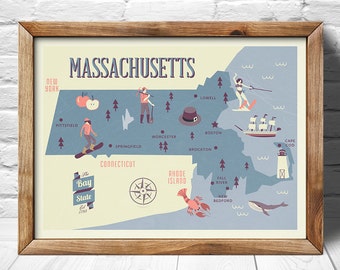 Massachusetts Map, The Bay state map, original map, nursery map, Home State Map, Massachusetts state poster, modern family map
