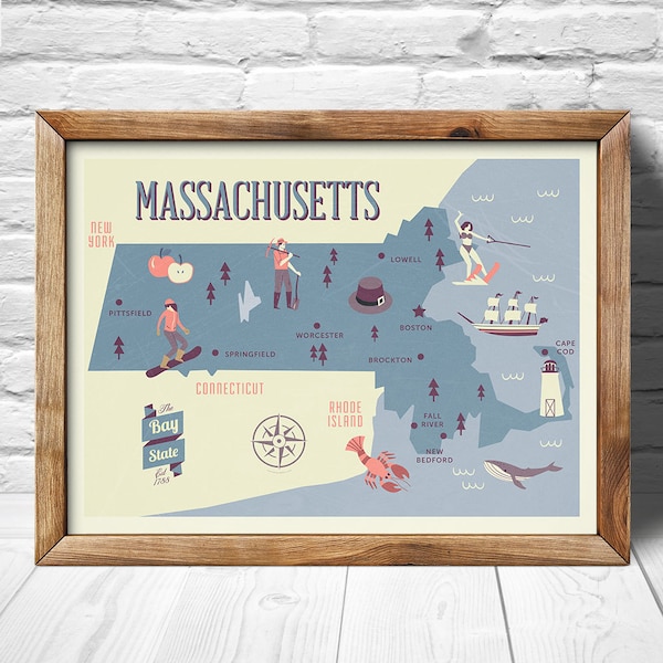 Massachusetts Map, The Bay state map, original map, nursery map, Home State Map, Massachusetts state poster, modern family map