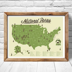 National Park Map, Outdoor explorer gift, Hiking Art Print, Explorer map print, green home decor, 63 national parks image 5