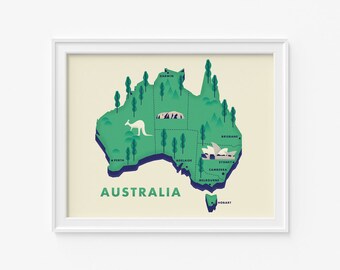 Australia Art Print, Pop Art Map, Modern Style country map, Country maps for Home decor, Australia Illustration