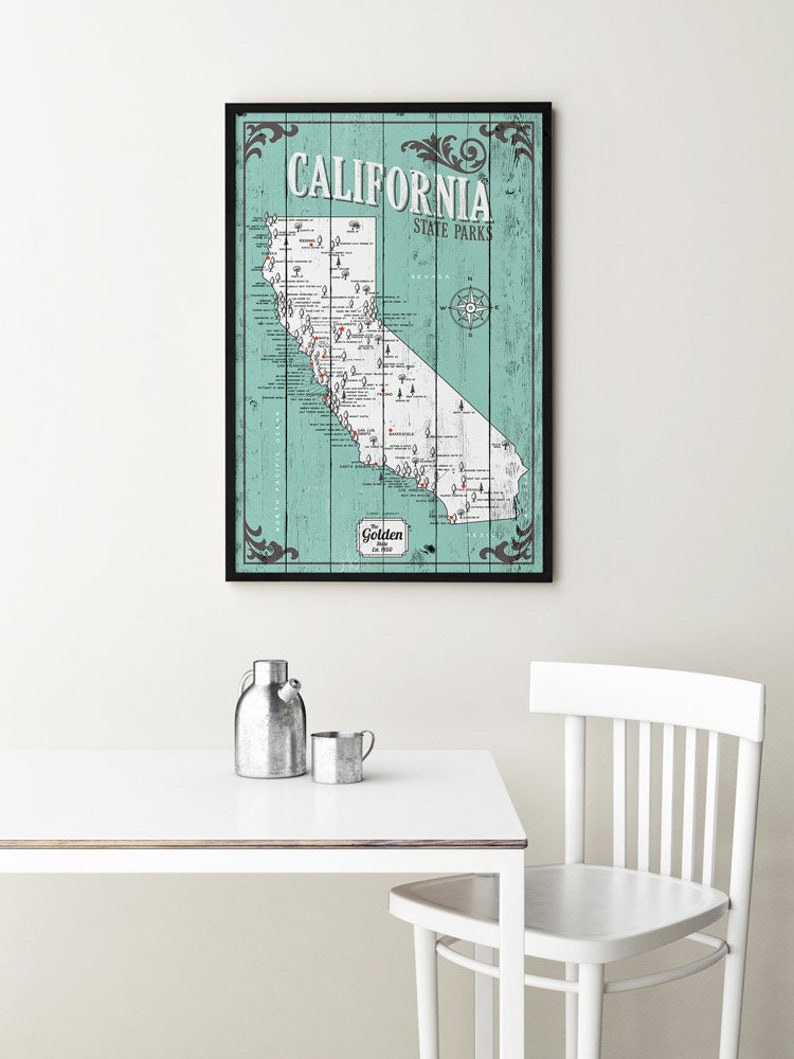 California State Parks Map, Map with Quote, Gift for hiker, Paper Anniversary Gift, the golden state map, rustic state map, home map image 4