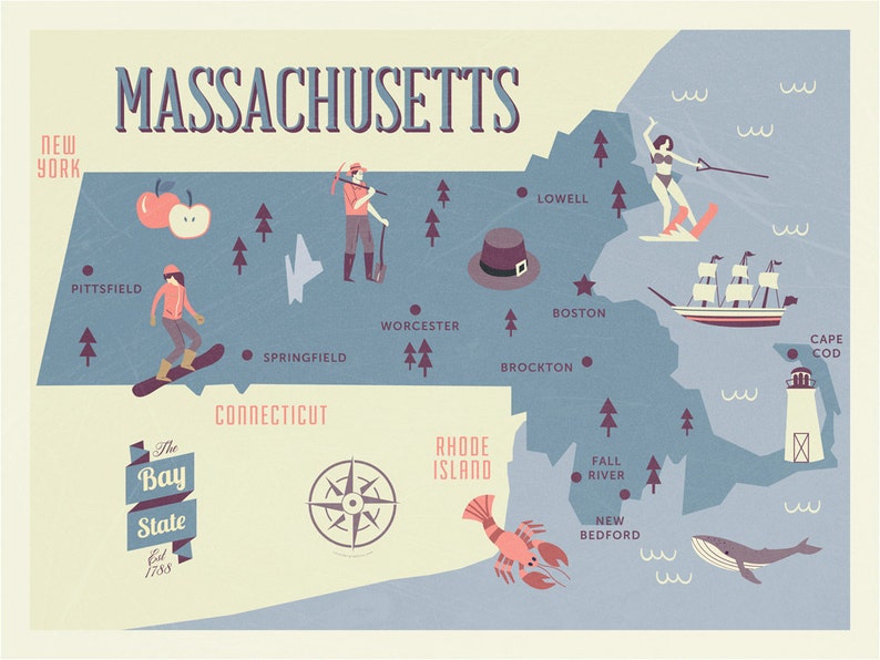 Massachusetts Map the Bay State Map Original Map Nursery Etsy