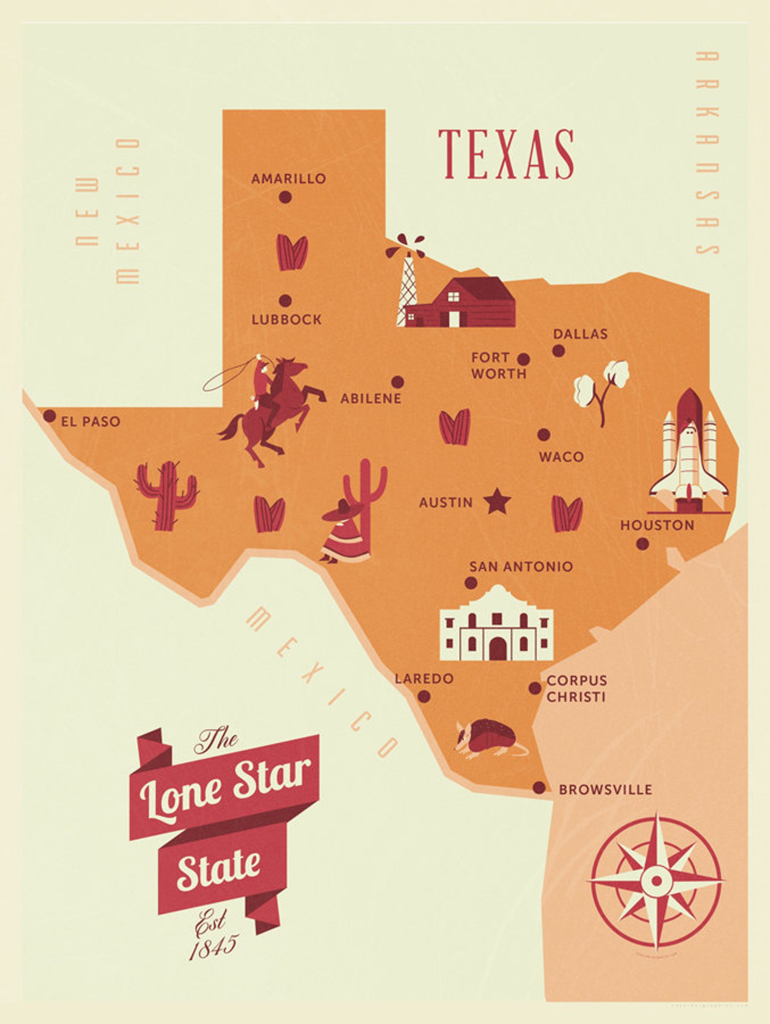 Texas Map the Lone Star State Map Original Texas Map - Etsy