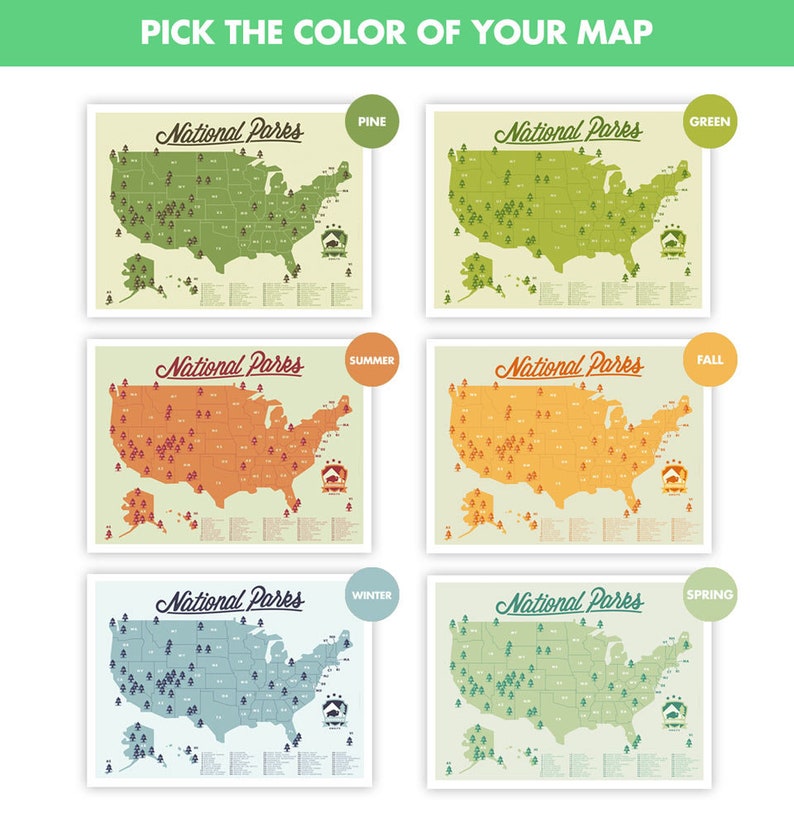 May include: A collage of five different colored maps of the United States, each showing the location of all the National Parks. The maps are labeled with the colors "Pine", "Green", "Summer", "Fall", and "Spring".