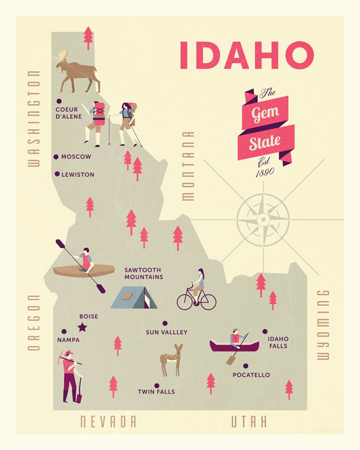 Idaho Map, The gem state map, original illustrated map, nursery map 