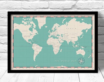 Modern Political World Map Print, Travel Home Decor