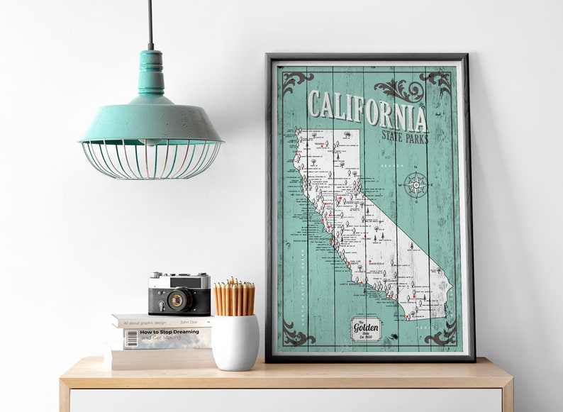 California State Parks Map, Map with Quote, Gift for hiker, Paper Anniversary Gift, the golden state map, rustic state map, home map image 1