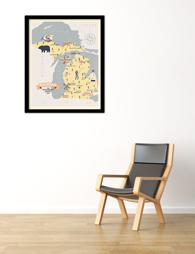 Michigan Map the Wolverine State Map Original Map Nursery - Etsy
