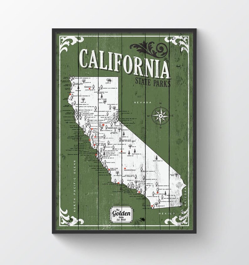 California State Parks Map, Map with Quote, Gift for hiker, Paper Anniversary Gift, the golden state map, rustic state map, home map image 2