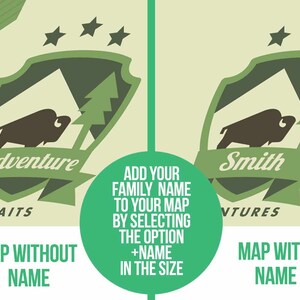 May include: A green and brown illustrated map with a bison, mountains, and a pine tree. The text "Adventure Awaits" is on the map. The map is shown next to a similar map with the text "Smith" in place of "Adventure Awaits". The text "ADD YOUR FAMILY NAME TO YOUR MAP BY SELECTING THE OPTION +NAME IN THE SIZE" is on the right side of the image.