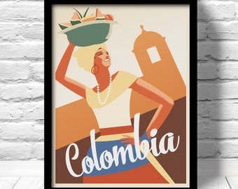 Cartagena Travel Poster, Caribbean Art Deco Print, Colombia Wall Decor