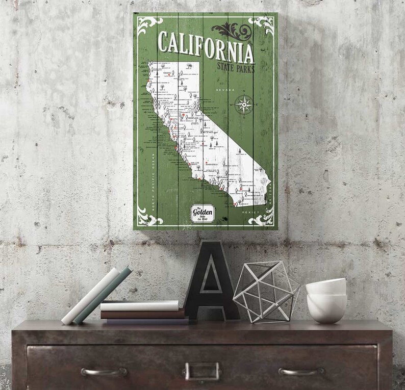 California State Parks Map, Map with Quote, Gift for hiker, Paper Anniversary Gift, the golden state map, rustic state map, home map image 6