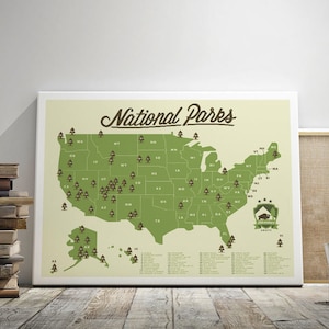 May include: A green map of the United States with the text "National Parks" at the top. The map shows the location of all 63 national parks in the United States. Each park is marked with a small green tree icon. The map also includes a list of all the national parks and their locations.