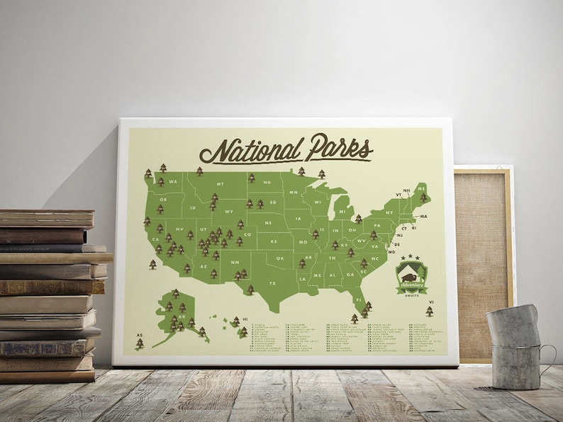 May include: A green map of the United States with the text "National Parks" at the top. The map shows the location of all 63 national parks in the United States. Each park is marked with a small green tree icon. The map also includes a list of all the national parks and their locations.