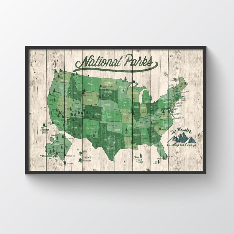 US National Parks Map, Map with Quote, Gift for hiker, Paper Anniversary Gift, National Park Print, 63 National Parks image 1