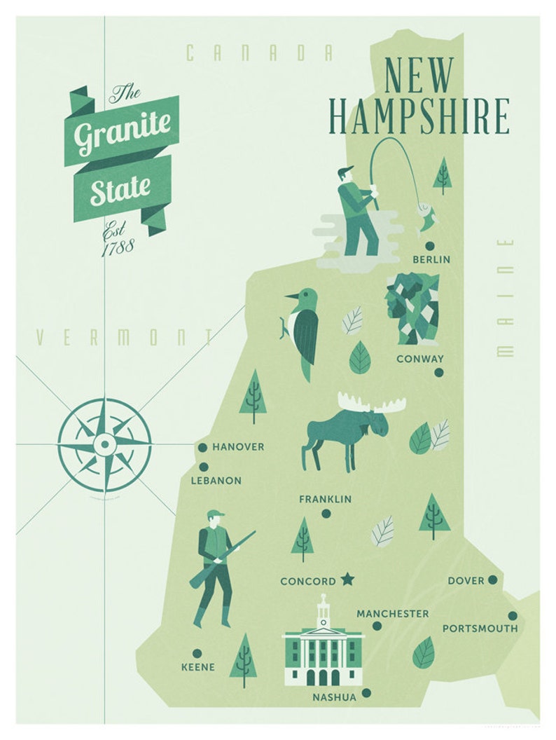 New Hampshire Map The granite state map original map  Etsy